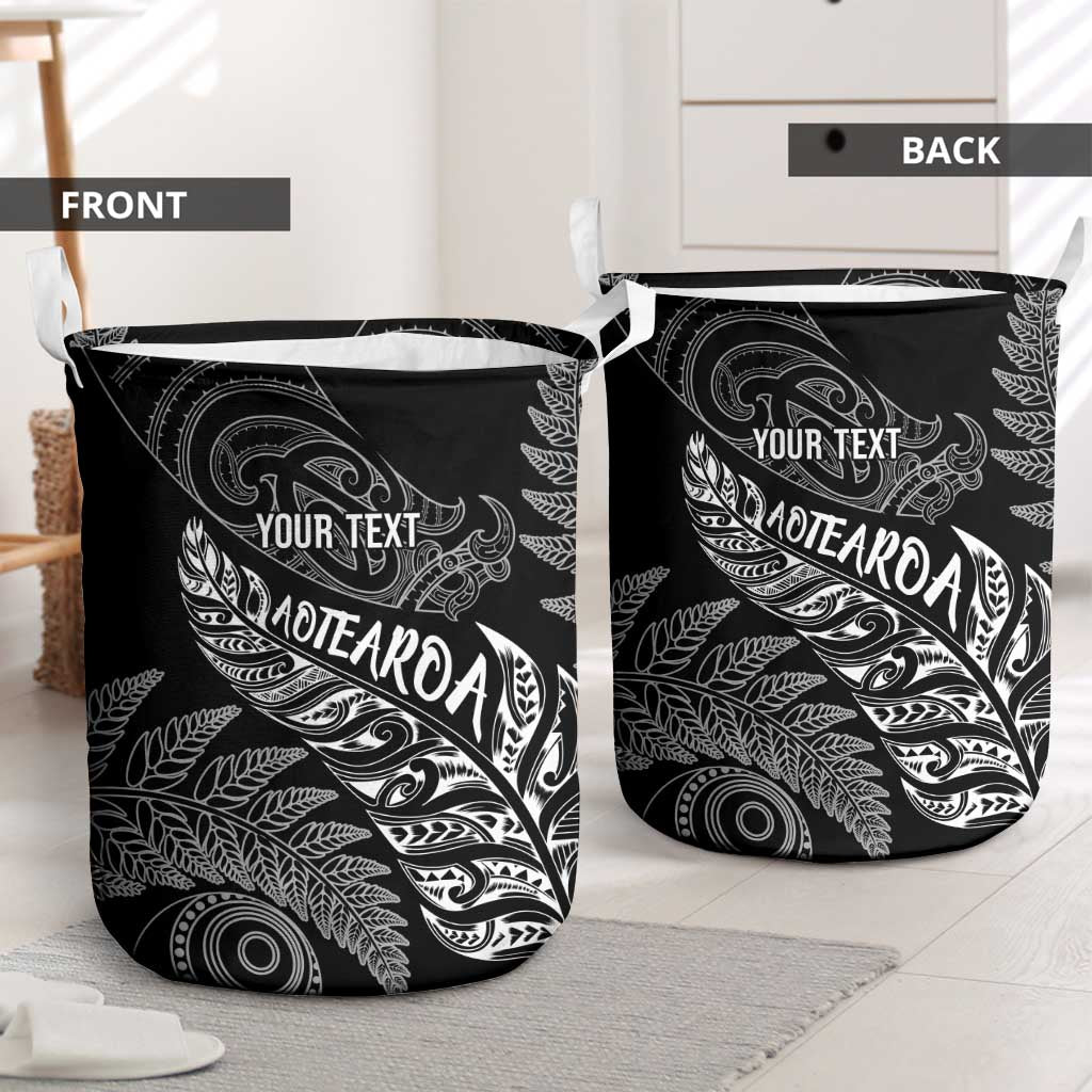 Aotearoa Personalized Lawn Bowls Maori Laundry Basket New Zealand Black Tribal Silver Fern - Polynesian Pride