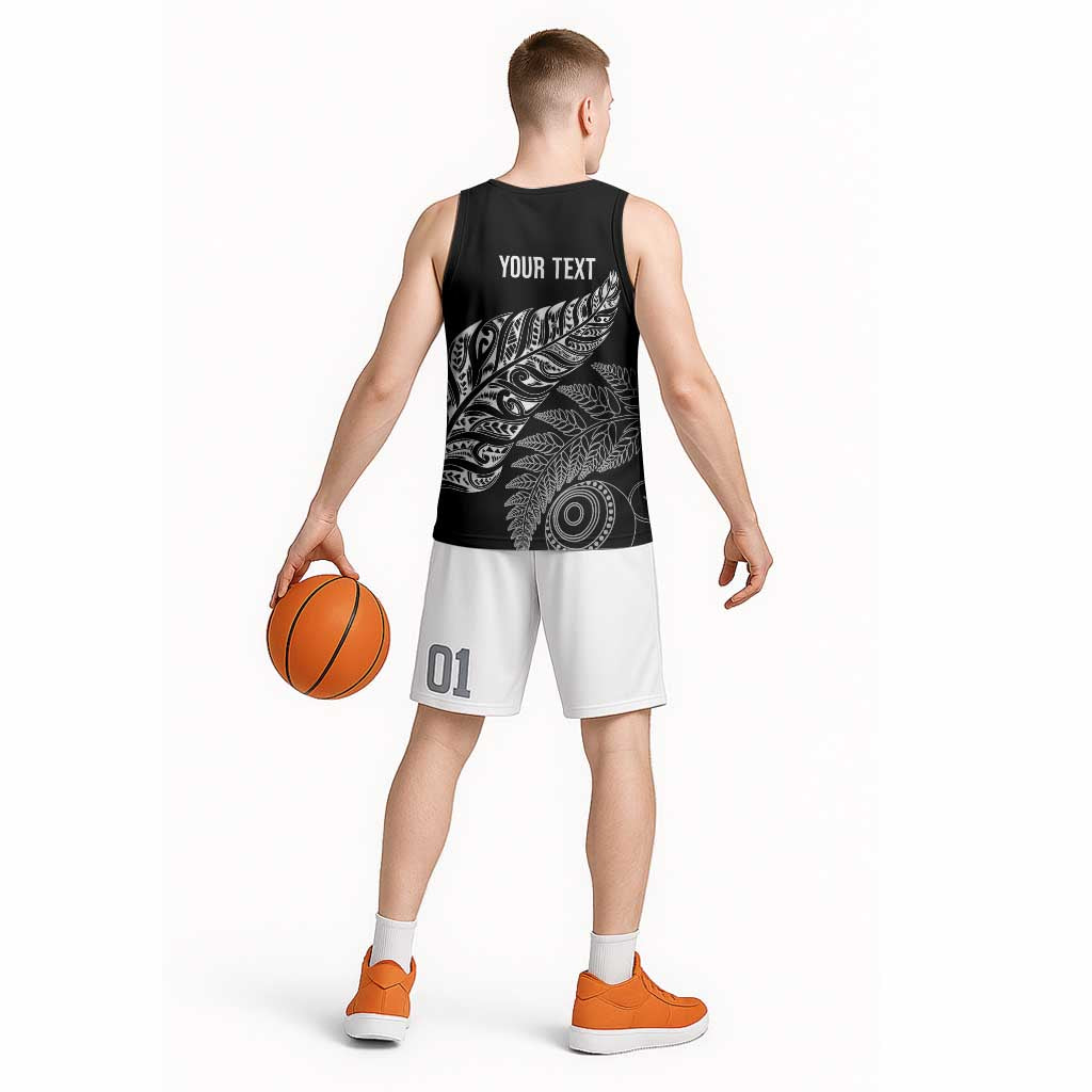 Aotearoa Personalized Lawn Bowls Maori Basketball Jersey New Zealand Black Tribal Silver Fern - Polynesian Pride