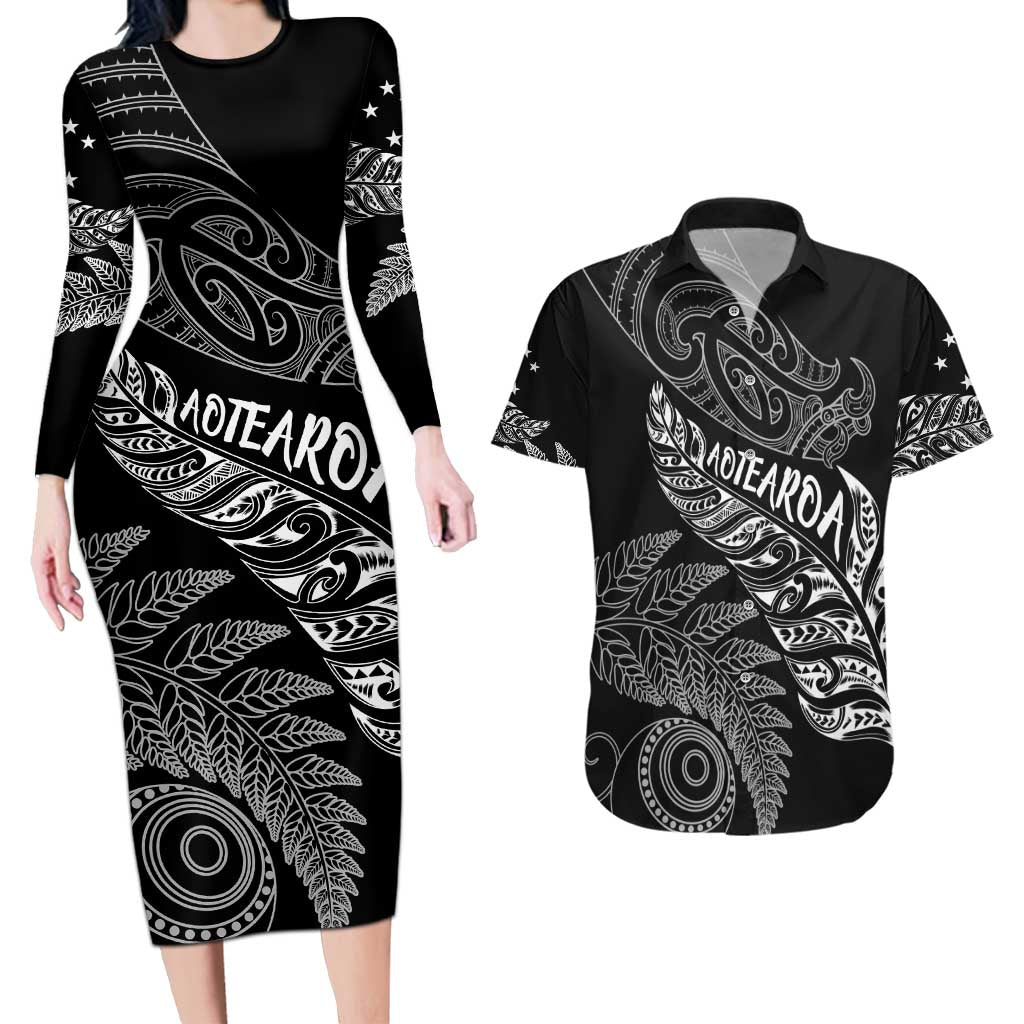 Aotearoa Personalized Lawn Bowls Maori Couples Matching Long Sleeve Bodycon Dress and Hawaiian Shirt New Zealand Black Tribal Silver Fern - Polynesian Pride