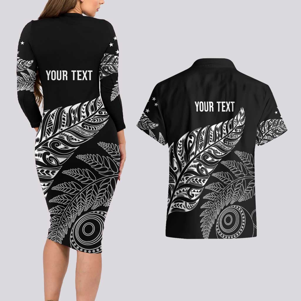 Aotearoa Personalized Lawn Bowls Maori Couples Matching Long Sleeve Bodycon Dress and Hawaiian Shirt New Zealand Black Tribal Silver Fern - Polynesian Pride