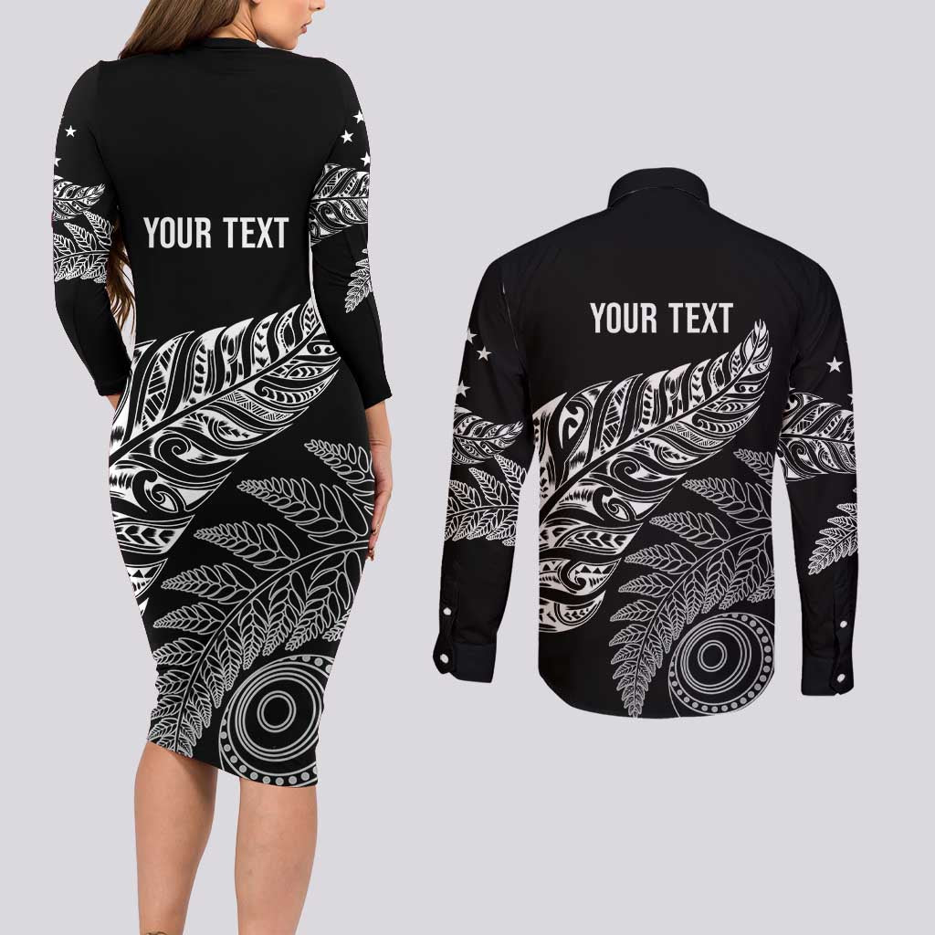 Aotearoa Personalized Lawn Bowls Maori Couples Matching Long Sleeve Bodycon Dress and Long Sleeve Button Shirt New Zealand Black Tribal Silver Fern - Polynesian Pride
