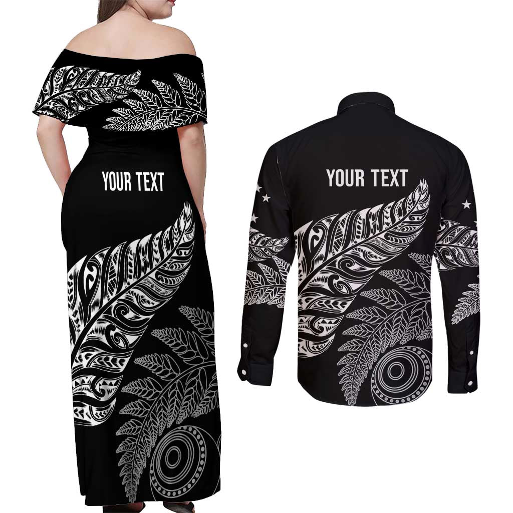 Aotearoa Personalized Lawn Bowls Maori Couples Matching Off Shoulder Maxi Dress and Long Sleeve Button Shirt New Zealand Black Tribal Silver Fern - Polynesian Pride