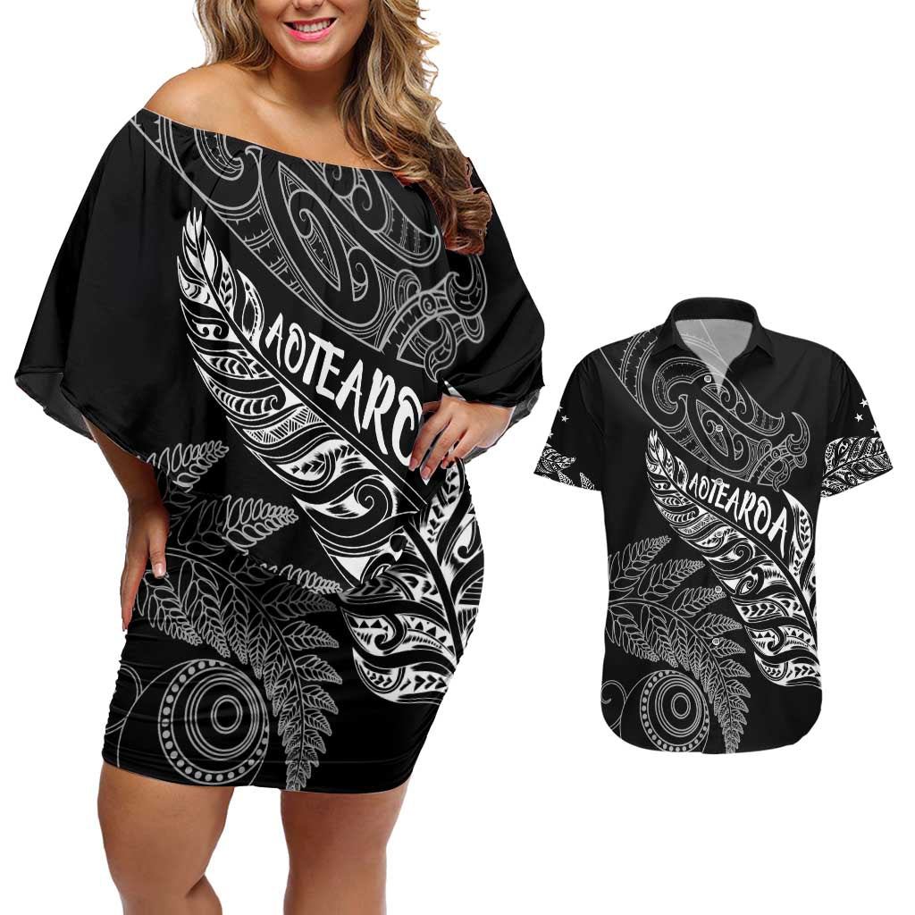 Aotearoa Personalized Lawn Bowls Maori Couples Matching Off Shoulder Short Dress and Hawaiian Shirt New Zealand Black Tribal Silver Fern - Polynesian Pride