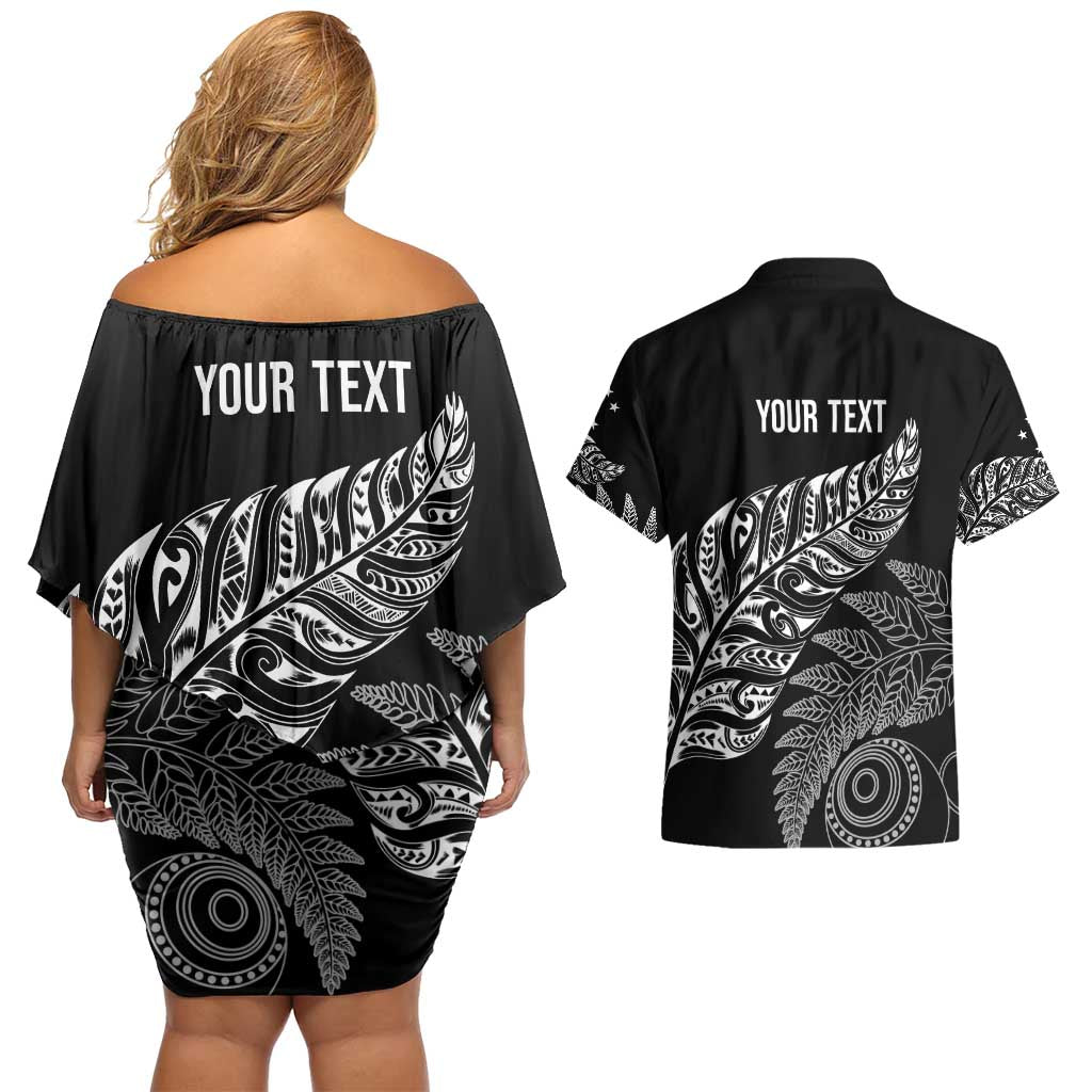 Aotearoa Personalized Lawn Bowls Maori Couples Matching Off Shoulder Short Dress and Hawaiian Shirt New Zealand Black Tribal Silver Fern - Polynesian Pride