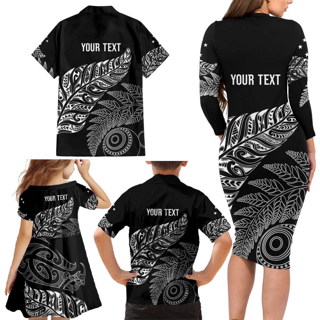 Aotearoa Personalized Lawn Bowls Maori Family Matching Long Sleeve Bodycon Dress and Hawaiian Shirt New Zealand Black Tribal Silver Fern - Polynesian Pride