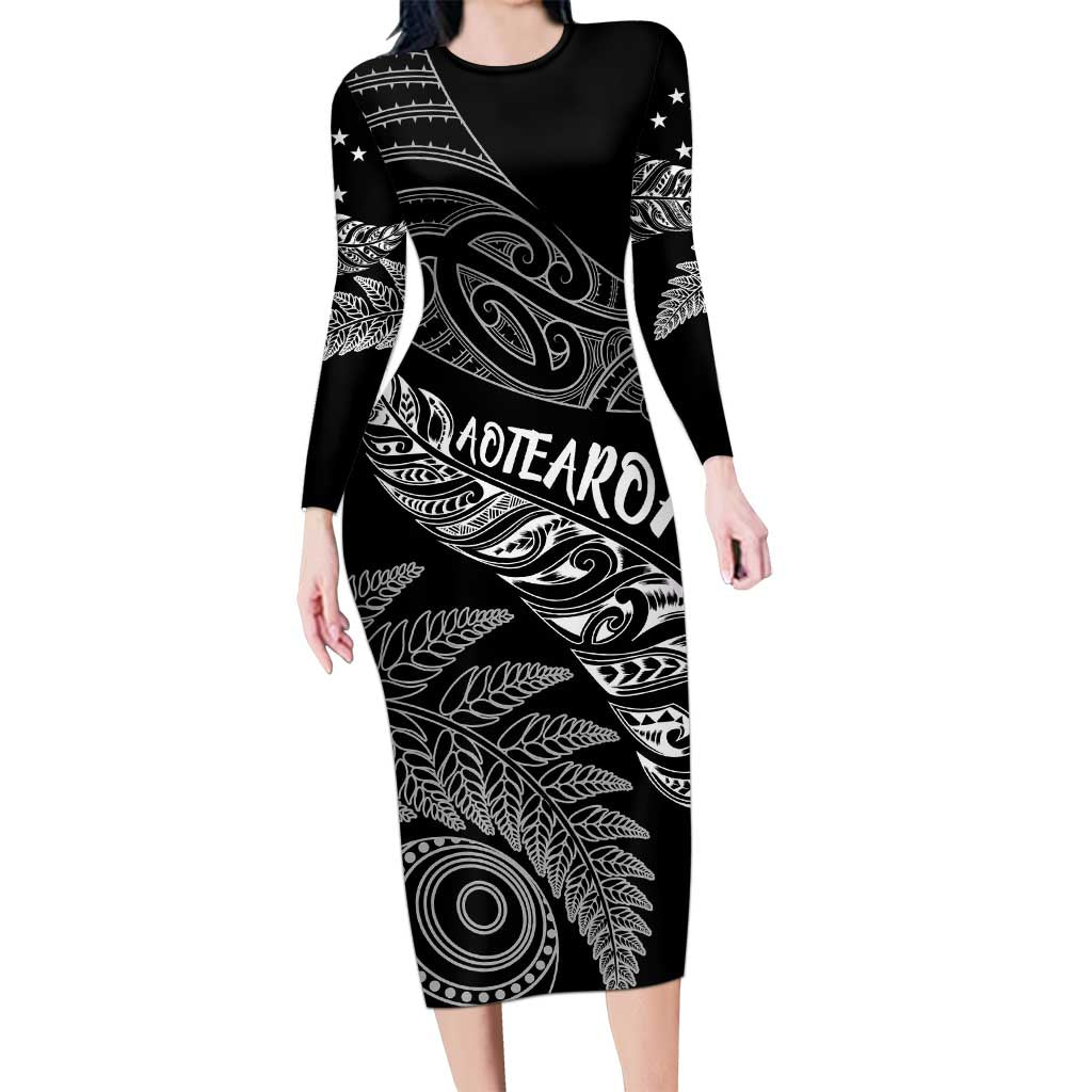 Aotearoa Personalized Lawn Bowls Maori Family Matching Long Sleeve Bodycon Dress and Hawaiian Shirt New Zealand Black Tribal Silver Fern - Polynesian Pride