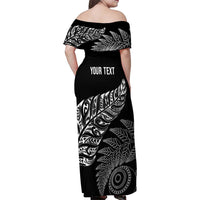 Aotearoa Personalized Lawn Bowls Maori Family Matching Off Shoulder Maxi Dress and Hawaiian Shirt New Zealand Black Tribal Silver Fern - Polynesian Pride