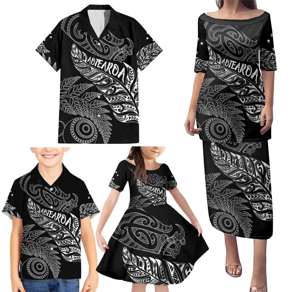 Aotearoa Personalized Lawn Bowls Maori Family Matching Puletasi and Hawaiian Shirt New Zealand Black Tribal Silver Fern - Polynesian Pride