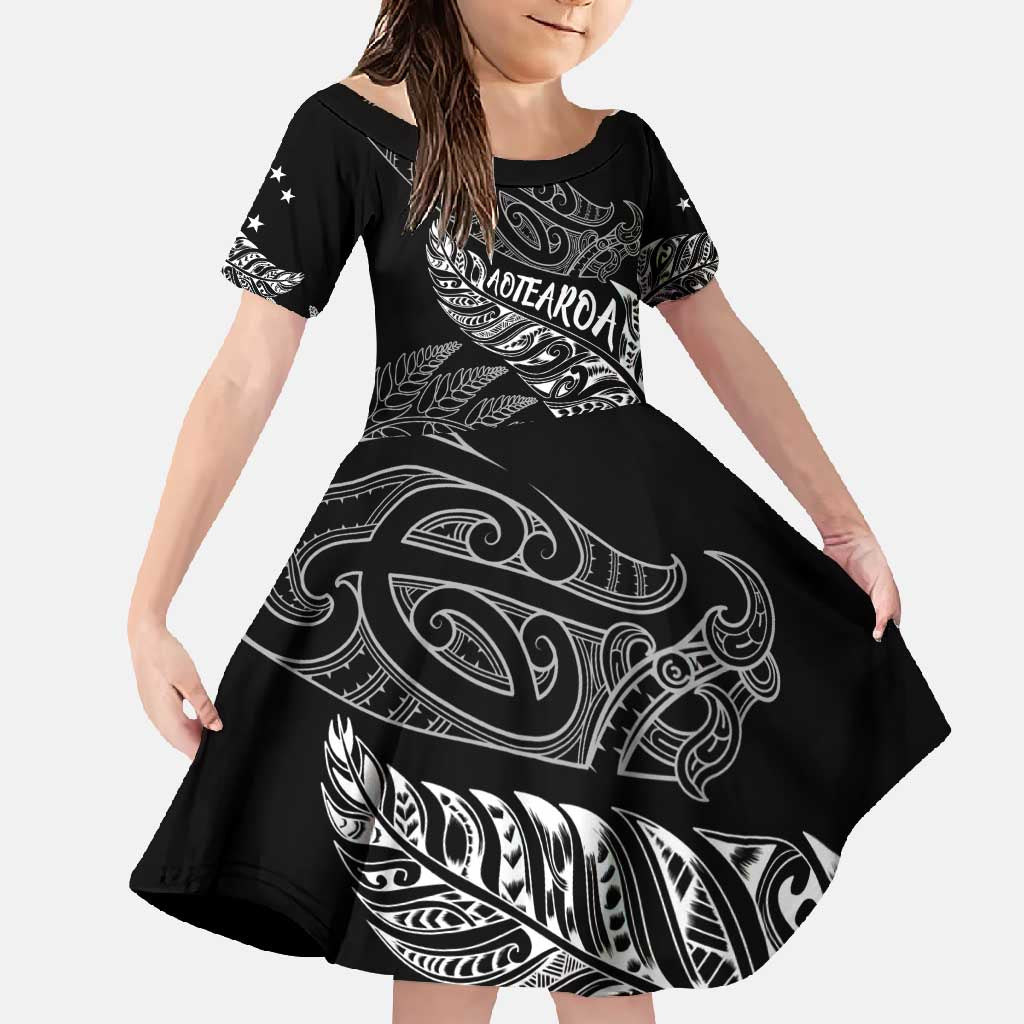 Aotearoa Personalized Lawn Bowls Maori Family Matching Short Sleeve Bodycon Dress and Hawaiian Shirt New Zealand Black Tribal Silver Fern - Polynesian Pride