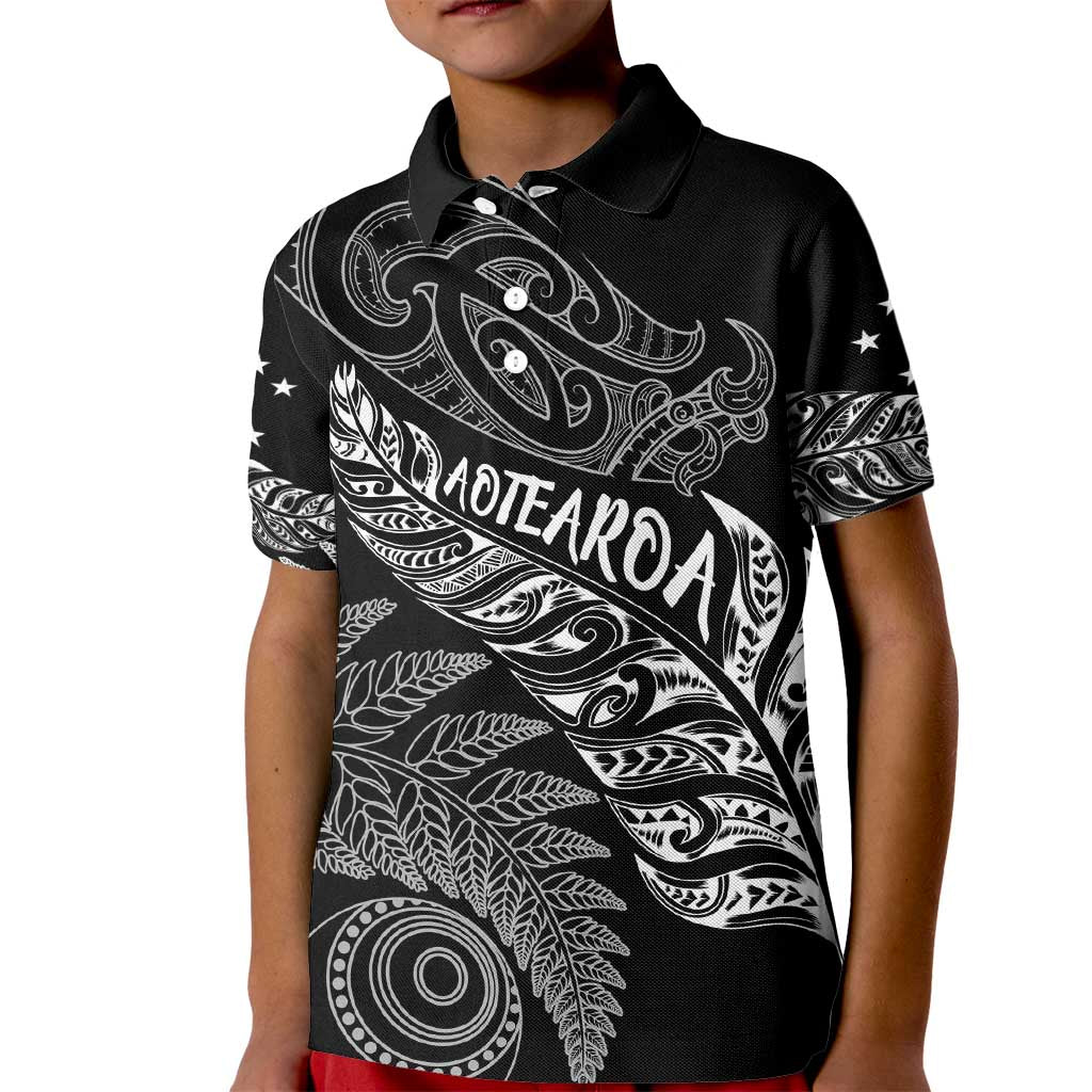 Aotearoa Personalized Lawn Bowls Maori Kid Polo Shirt New Zealand Black Tribal Silver Fern - Polynesian Pride