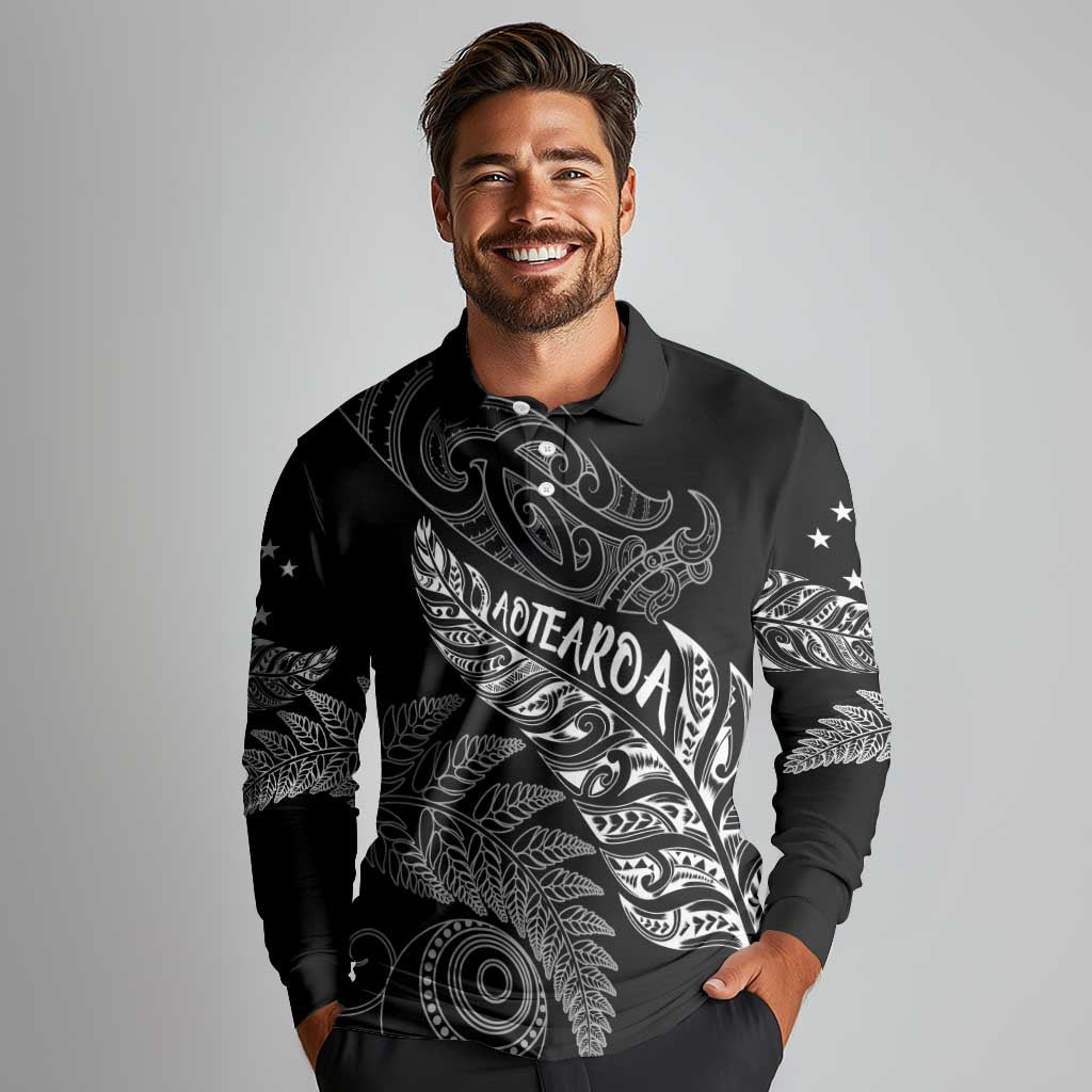 Aotearoa Personalized Lawn Bowls Maori Long Sleeve Polo Shirt New Zealand Black Tribal Silver Fern - Polynesian Pride