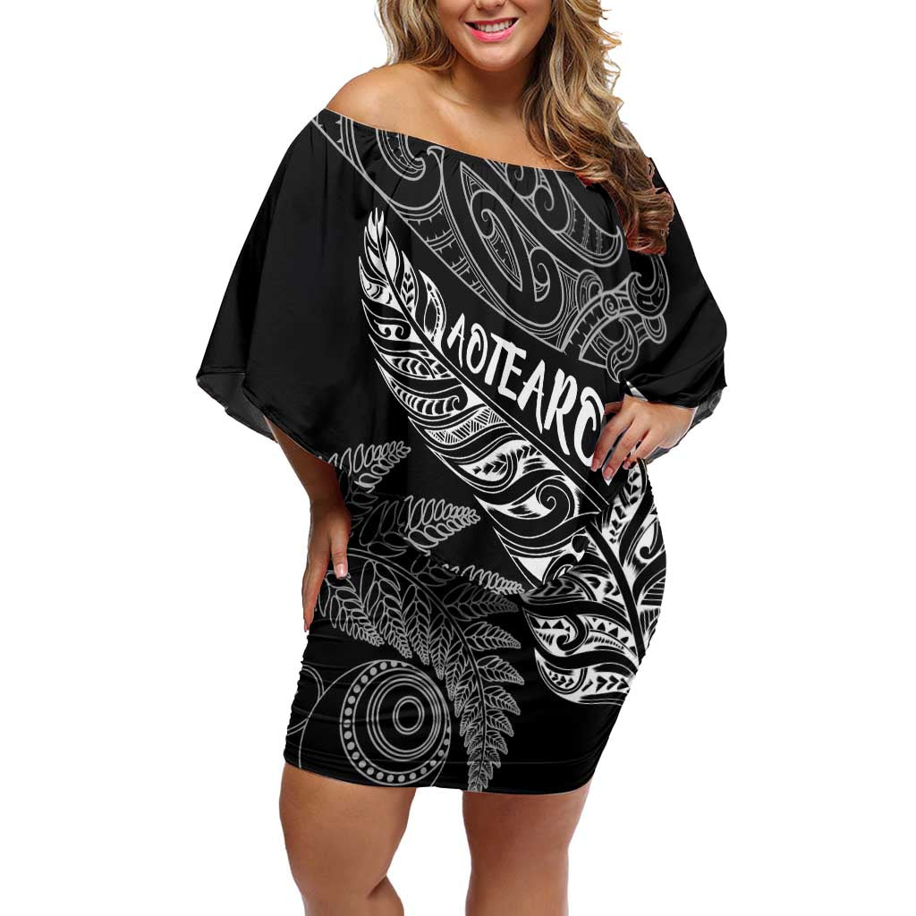 Aotearoa Personalized Lawn Bowls Maori Off Shoulder Short Dress New Zealand Black Tribal Silver Fern - Polynesian Pride