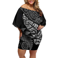 Aotearoa Personalized Lawn Bowls Maori Off Shoulder Short Dress New Zealand Black Tribal Silver Fern - Polynesian Pride