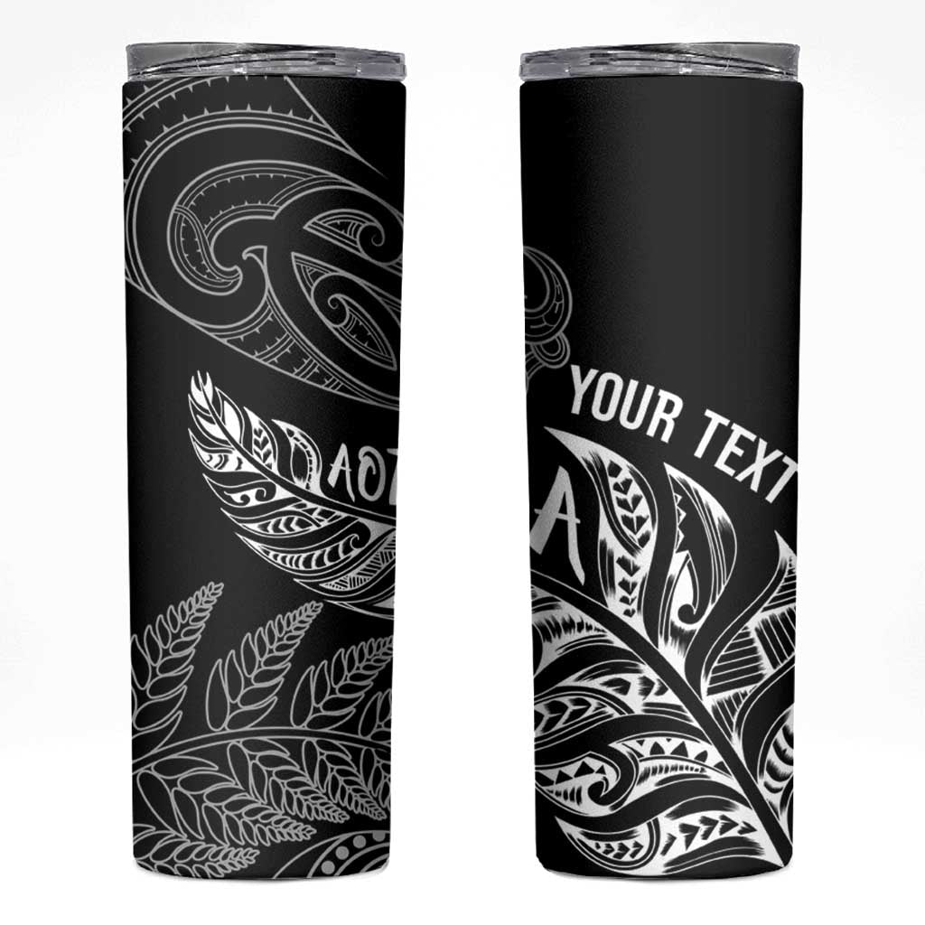 Aotearoa Personalized Lawn Bowls Maori Skinny Tumbler New Zealand Black Tribal Silver Fern - Polynesian Pride
