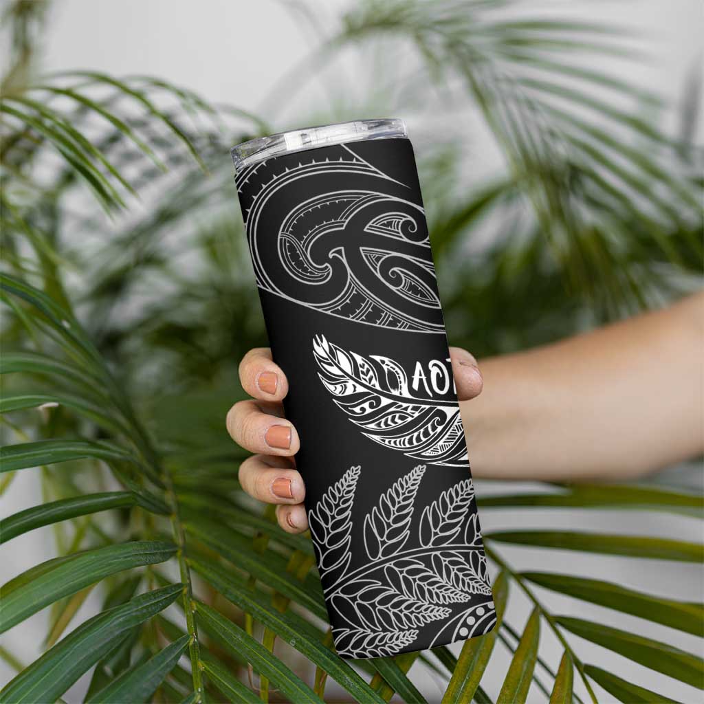 Aotearoa Personalized Lawn Bowls Maori Skinny Tumbler New Zealand Black Tribal Silver Fern - Polynesian Pride