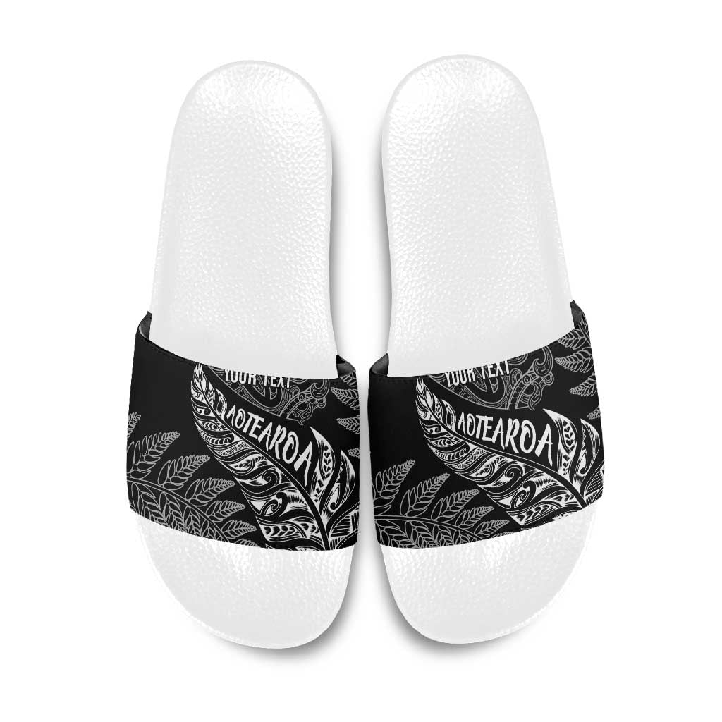 Aotearoa Personalized Lawn Bowls Maori Slide Sandals New Zealand Black Tribal Silver Fern - Polynesian Pride