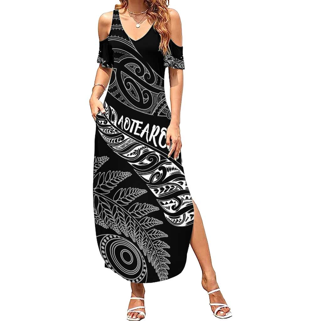 Aotearoa Personalized Lawn Bowls Maori Summer Maxi Dress New Zealand Black Tribal Silver Fern - Polynesian Pride