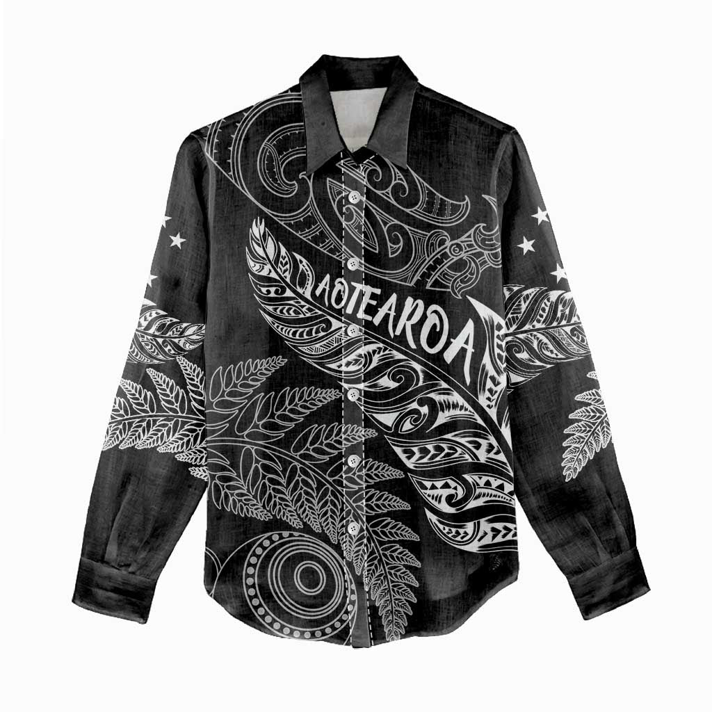 Aotearoa Personalized Lawn Bowls Maori Women Casual Shirt New Zealand Black Tribal Silver Fern - Polynesian Pride