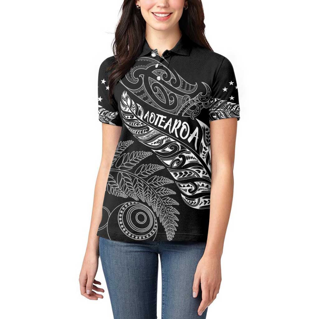 Aotearoa Personalized Lawn Bowls Maori Women Polo Shirt New Zealand Black Tribal Silver Fern - Polynesian Pride