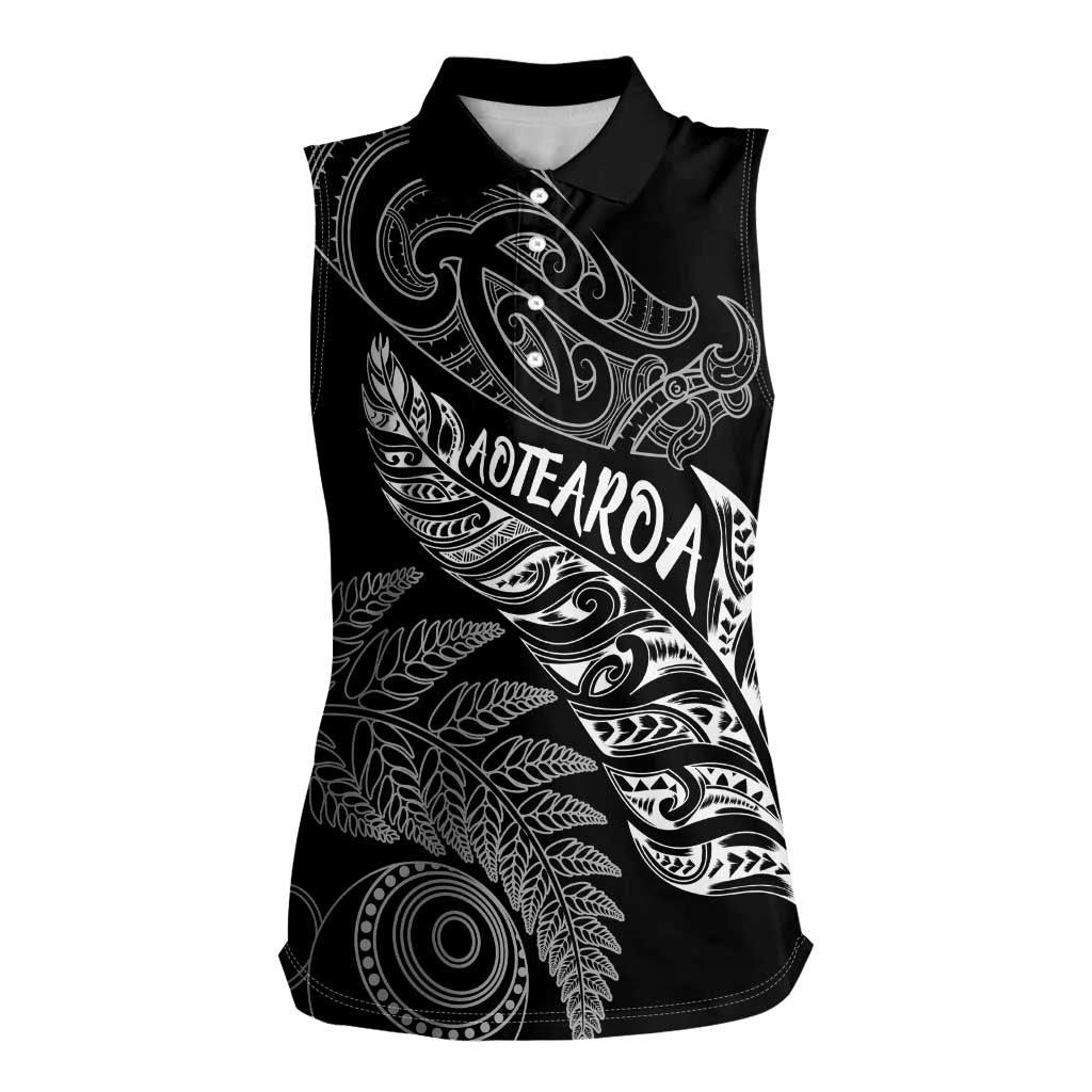 Aotearoa Personalized Lawn Bowls Maori Women Sleeveless Polo Shirt New Zealand Black Tribal Silver Fern - Polynesian Pride