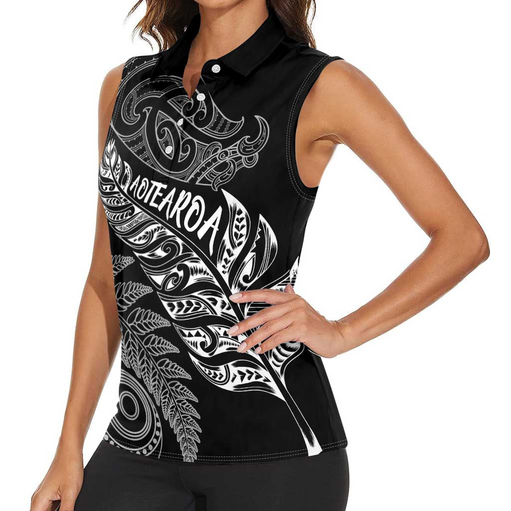 Aotearoa Personalized Lawn Bowls Maori Women Sleeveless Polo Shirt New Zealand Black Tribal Silver Fern - Polynesian Pride