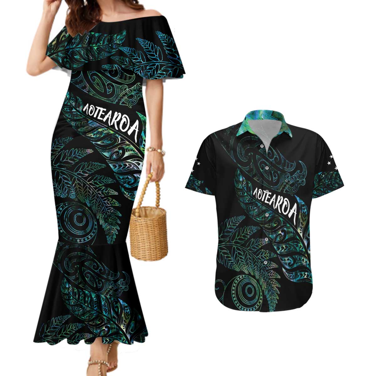 Aotearoa Personalized Lawn Bowls Maori Couples Matching Mermaid Dress and Hawaiian Shirt New Zealand Paua Shell Tribal Silver Fern - Polynesian Pride