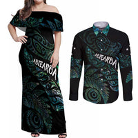 Aotearoa Personalized Lawn Bowls Maori Couples Matching Off Shoulder Maxi Dress and Long Sleeve Button Shirt New Zealand Paua Shell Tribal Silver Fern - Polynesian Pride