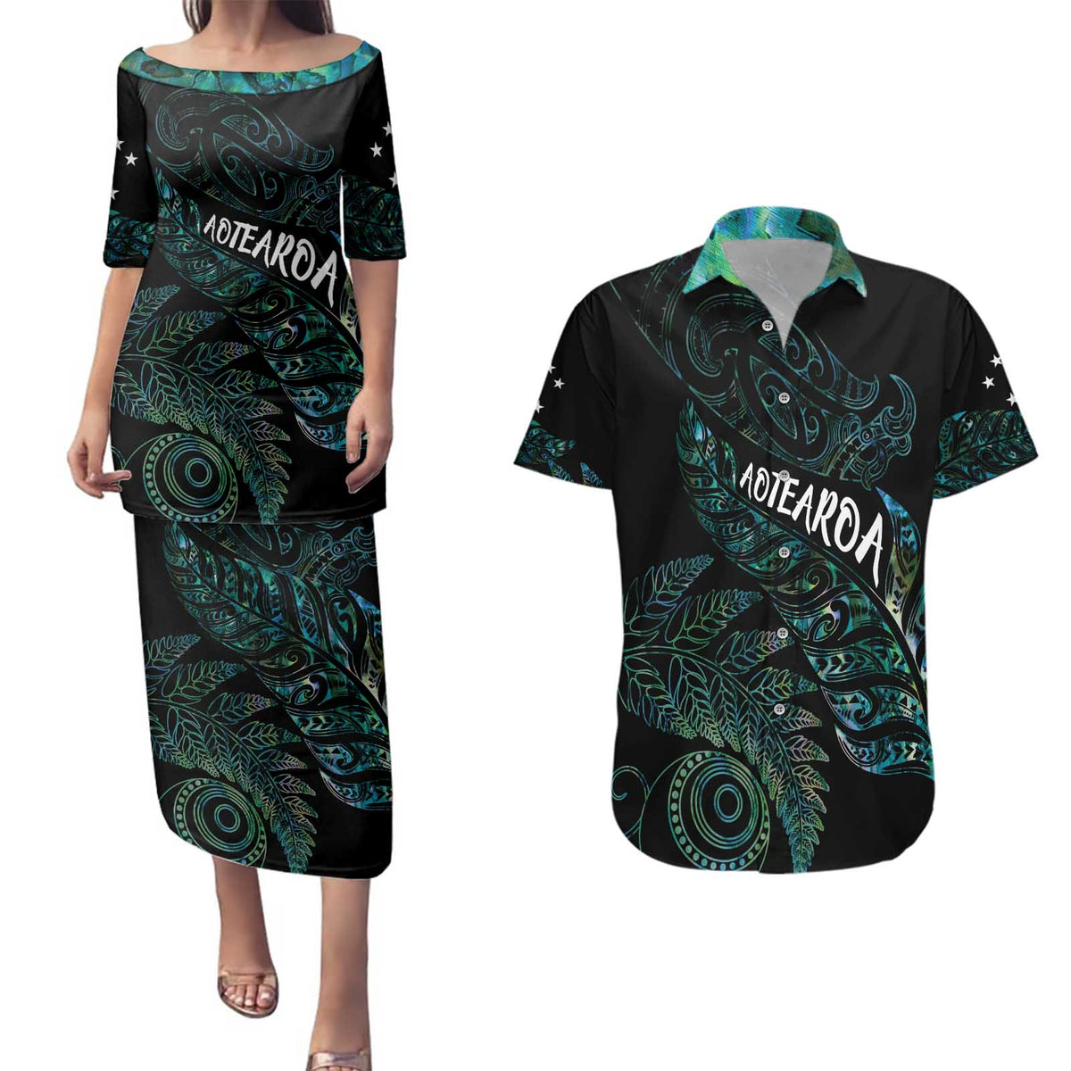 Aotearoa Personalized Lawn Bowls Maori Couples Matching Puletasi and Hawaiian Shirt New Zealand Paua Shell Tribal Silver Fern - Polynesian Pride