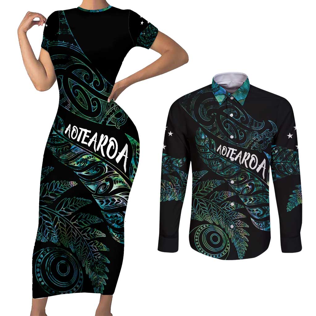 Aotearoa Personalized Lawn Bowls Maori Couples Matching Short Sleeve Bodycon Dress and Long Sleeve Button Shirt New Zealand Paua Shell Tribal Silver Fern - Polynesian Pride
