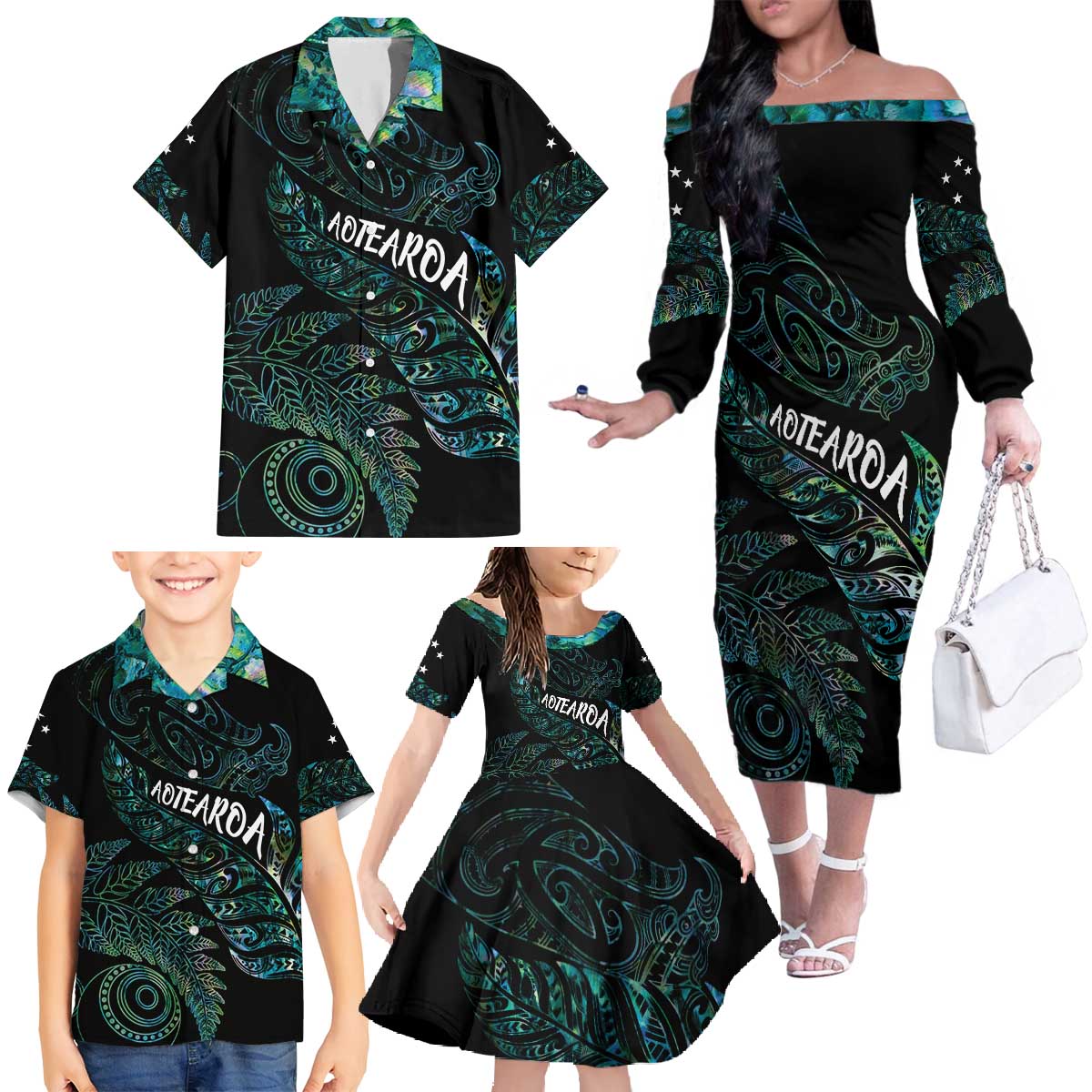 Aotearoa Personalized Lawn Bowls Maori Family Matching Off The Shoulder Long Sleeve Dress and Hawaiian Shirt New Zealand Paua Shell Tribal Silver Fern - Polynesian Pride
