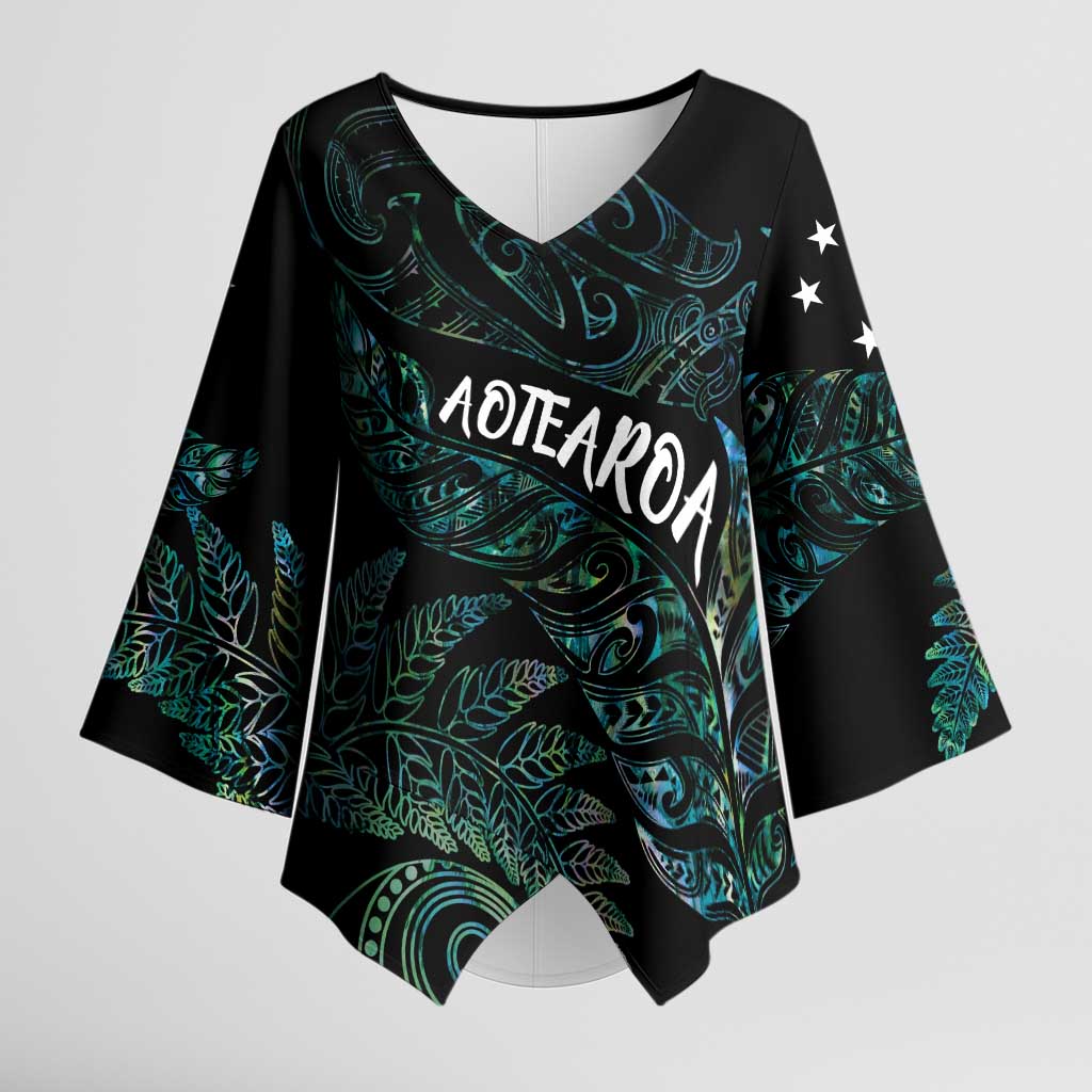 Aotearoa Personalized Lawn Bowls Maori Kimono Sleeve Blouse New Zealand Paua Shell Tribal Silver Fern - Polynesian Pride