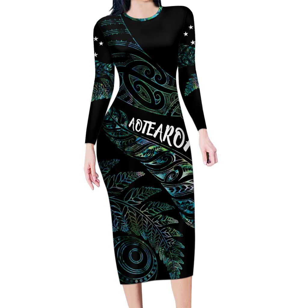 Aotearoa Personalized Lawn Bowls Maori Long Sleeve Bodycon Dress New Zealand Paua Shell Tribal Silver Fern - Polynesian Pride