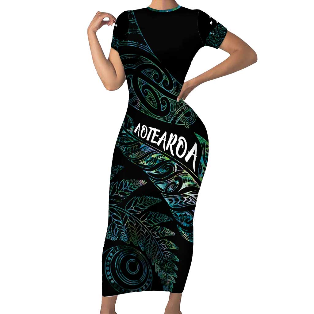 Aotearoa Personalized Lawn Bowls Maori Short Sleeve Bodycon Dress New Zealand Paua Shell Tribal Silver Fern - Polynesian Pride