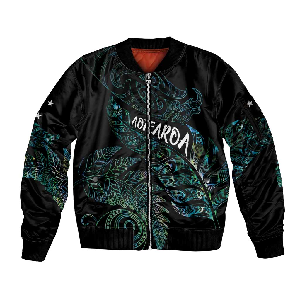 Aotearoa Personalized Lawn Bowls Maori Sleeve Zip Bomber Jacket New Zealand Paua Shell Tribal Silver Fern - Polynesian Pride