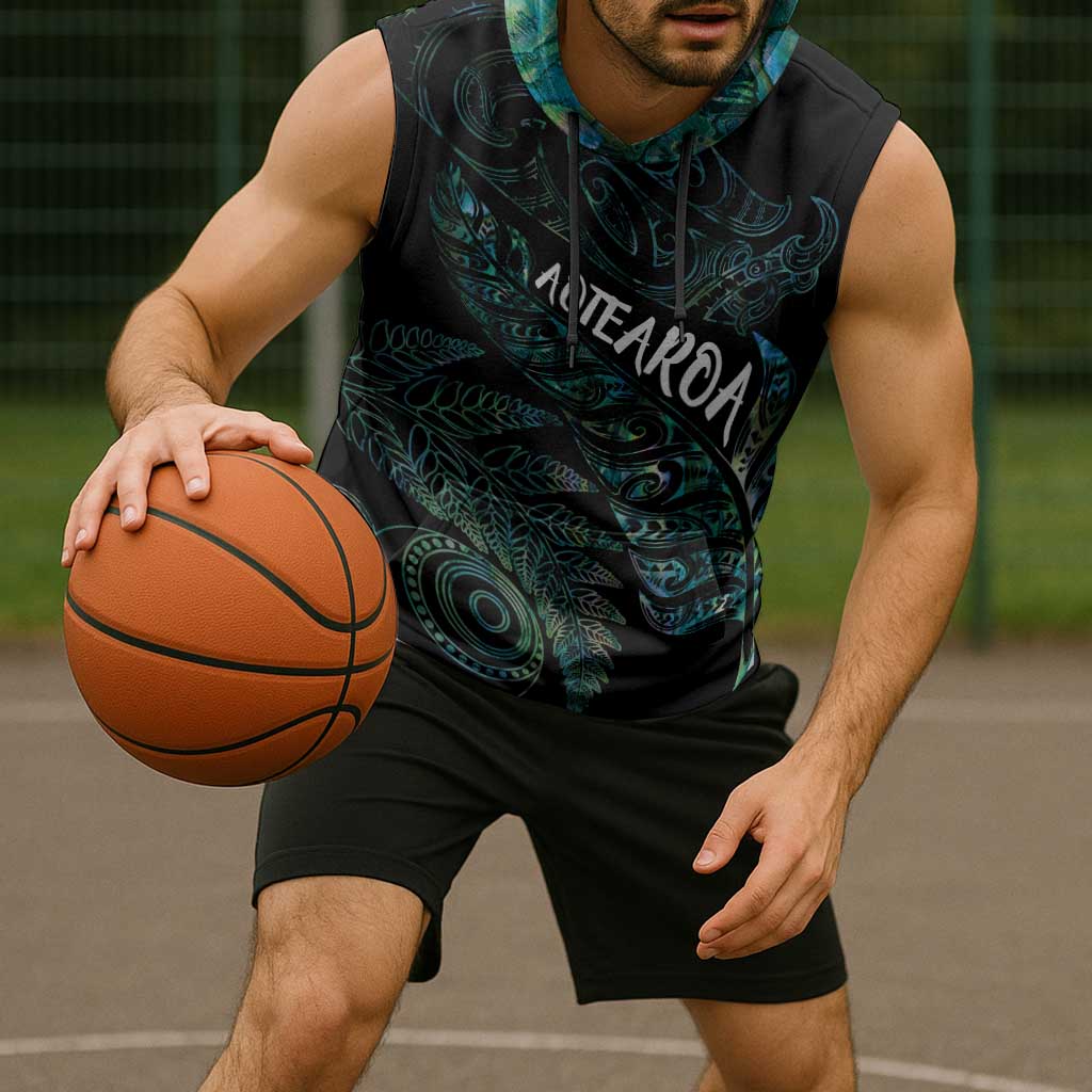 Aotearoa Personalized Lawn Bowls Maori Sleeveless Hoodie New Zealand Paua Shell Tribal Silver Fern - Polynesian Pride