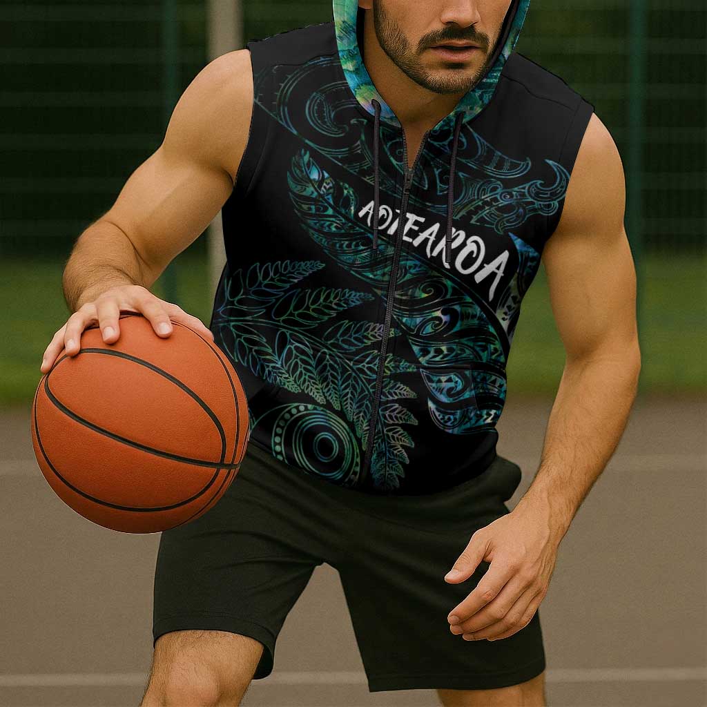 Aotearoa Personalized Lawn Bowls Maori Sleeveless Zip Hoodie New Zealand Paua Shell Tribal Silver Fern LT7