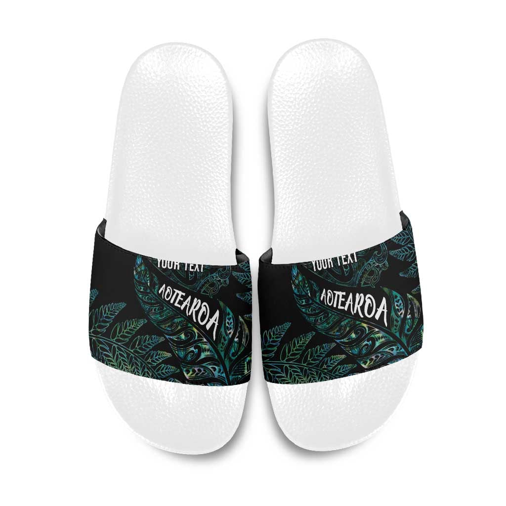 Aotearoa Personalized Lawn Bowls Maori Slide Sandals New Zealand Paua Shell Tribal Silver Fern - Polynesian Pride