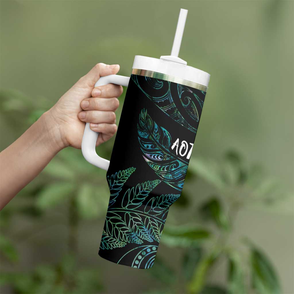 Aotearoa Personalized Lawn Bowls Maori Tumbler With Handle New Zealand Paua Shell Tribal Silver Fern - Polynesian Pride