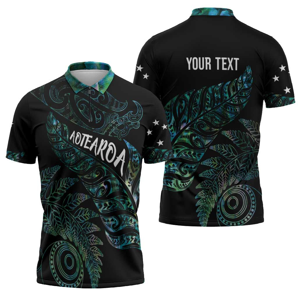 Aotearoa Personalized Lawn Bowls Maori Zipper Polo Shirt New Zealand Paua Shell Tribal Silver Fern - Polynesian Pride