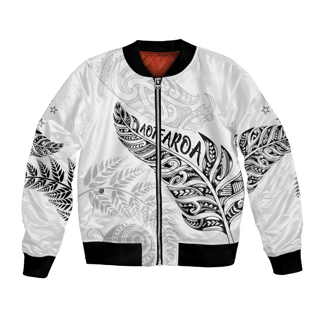 Aotearoa Personalized Lawn Bowls Maori Bomber Jacket New Zealand White Tribal Silver Fern - Polynesian Pride
