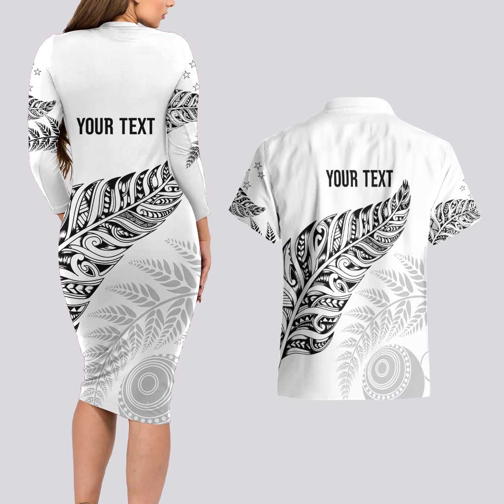 Aotearoa Personalized Lawn Bowls Maori Couples Matching Long Sleeve Bodycon Dress and Hawaiian Shirt New Zealand White Tribal Silver Fern - Polynesian Pride