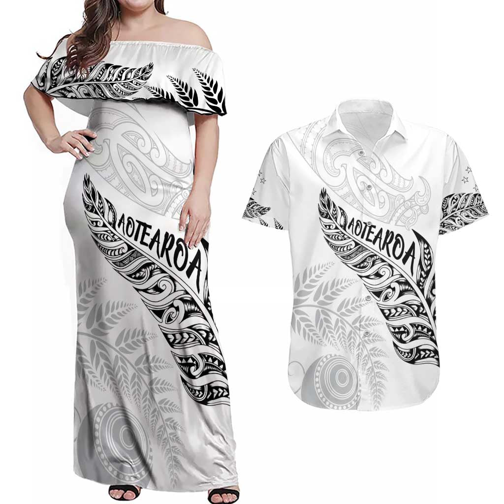 Aotearoa Personalized Lawn Bowls Maori Couples Matching Off Shoulder Maxi Dress and Hawaiian Shirt New Zealand White Tribal Silver Fern - Polynesian Pride