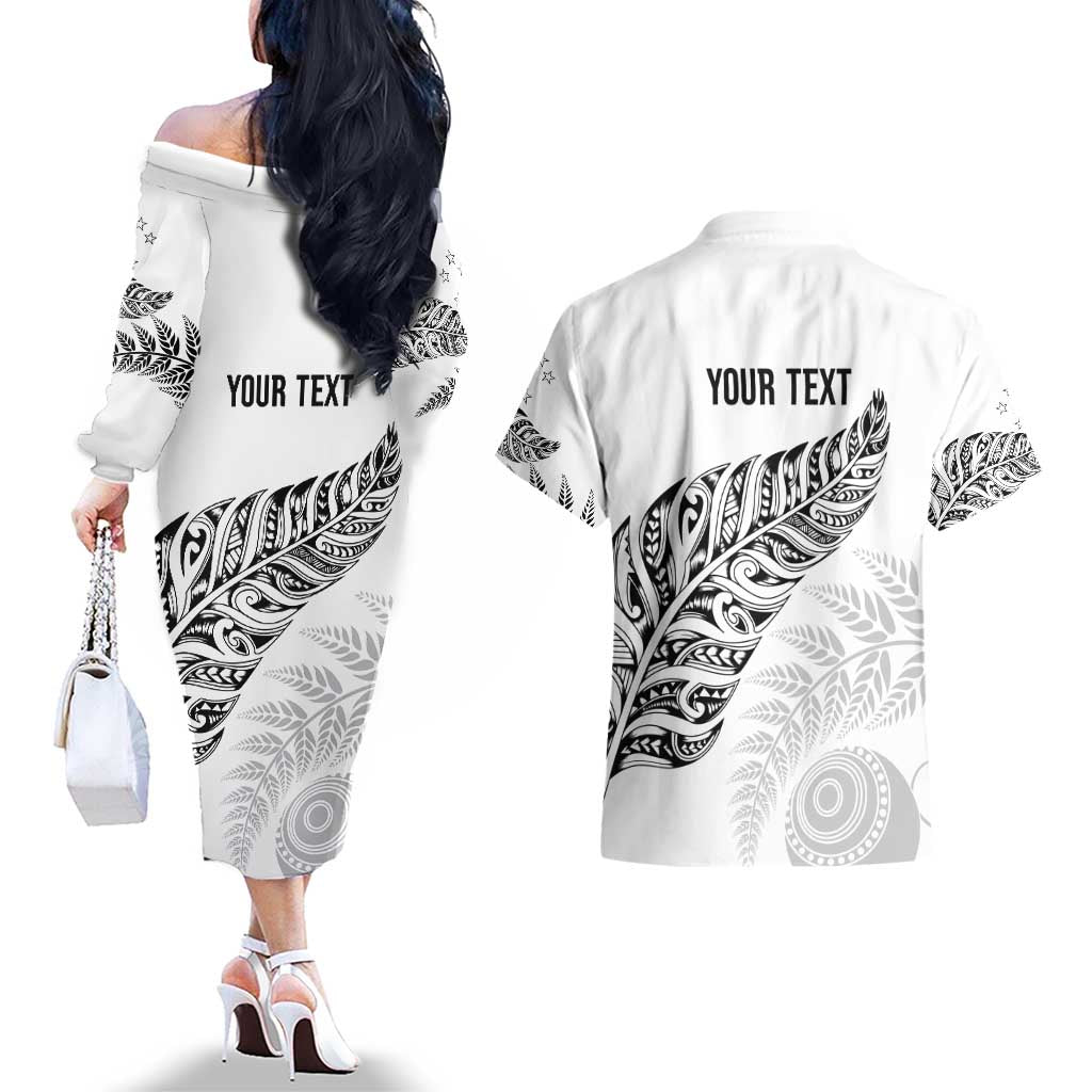 Aotearoa Personalized Lawn Bowls Maori Couples Matching Off The Shoulder Long Sleeve Dress and Hawaiian Shirt New Zealand White Tribal Silver Fern - Polynesian Pride