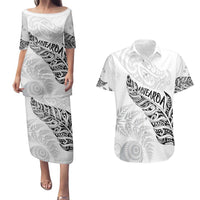 Aotearoa Personalized Lawn Bowls Maori Couples Matching Puletasi and Hawaiian Shirt New Zealand White Tribal Silver Fern - Polynesian Pride