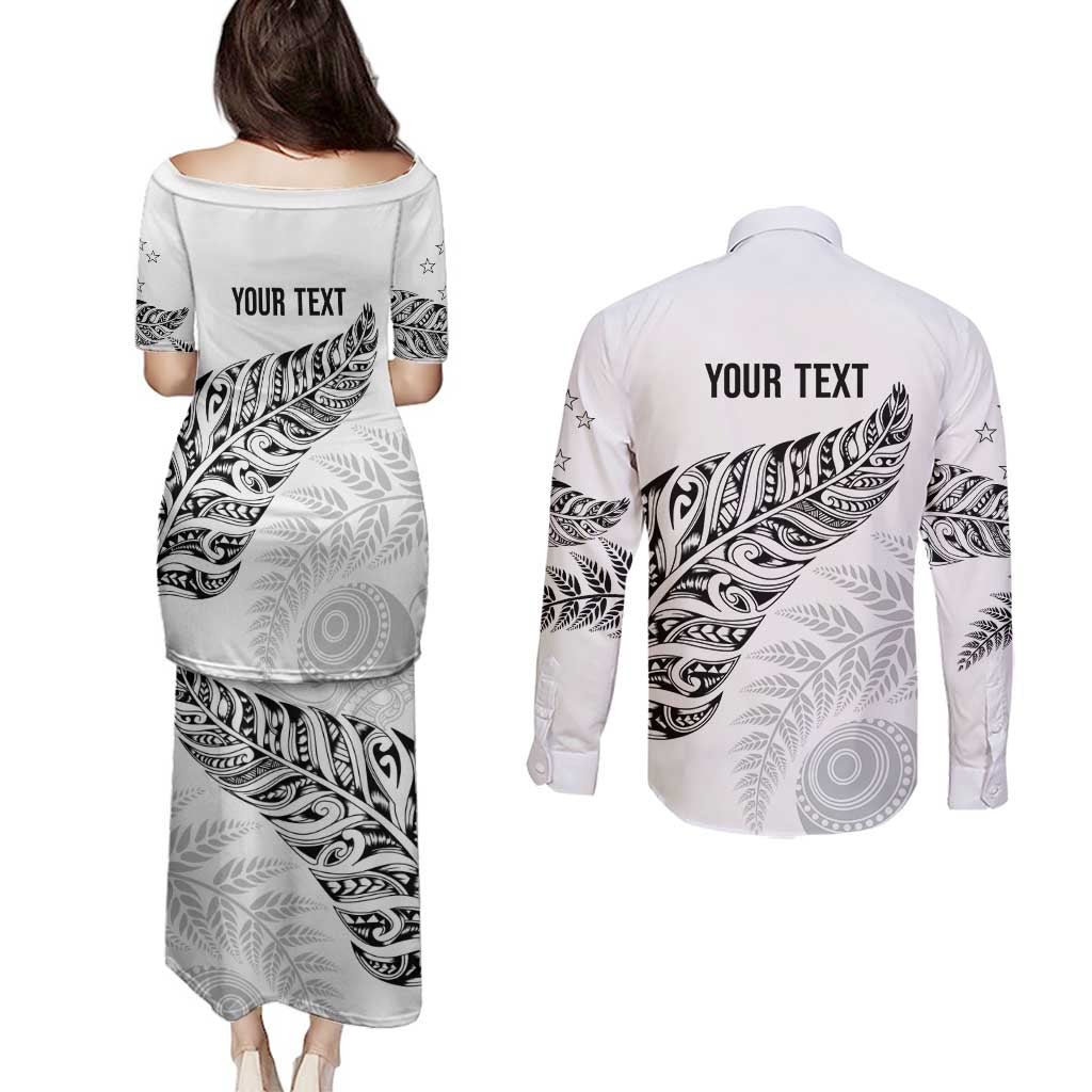 Aotearoa Personalized Lawn Bowls Maori Couples Matching Puletasi and Long Sleeve Button Shirt New Zealand White Tribal Silver Fern - Polynesian Pride