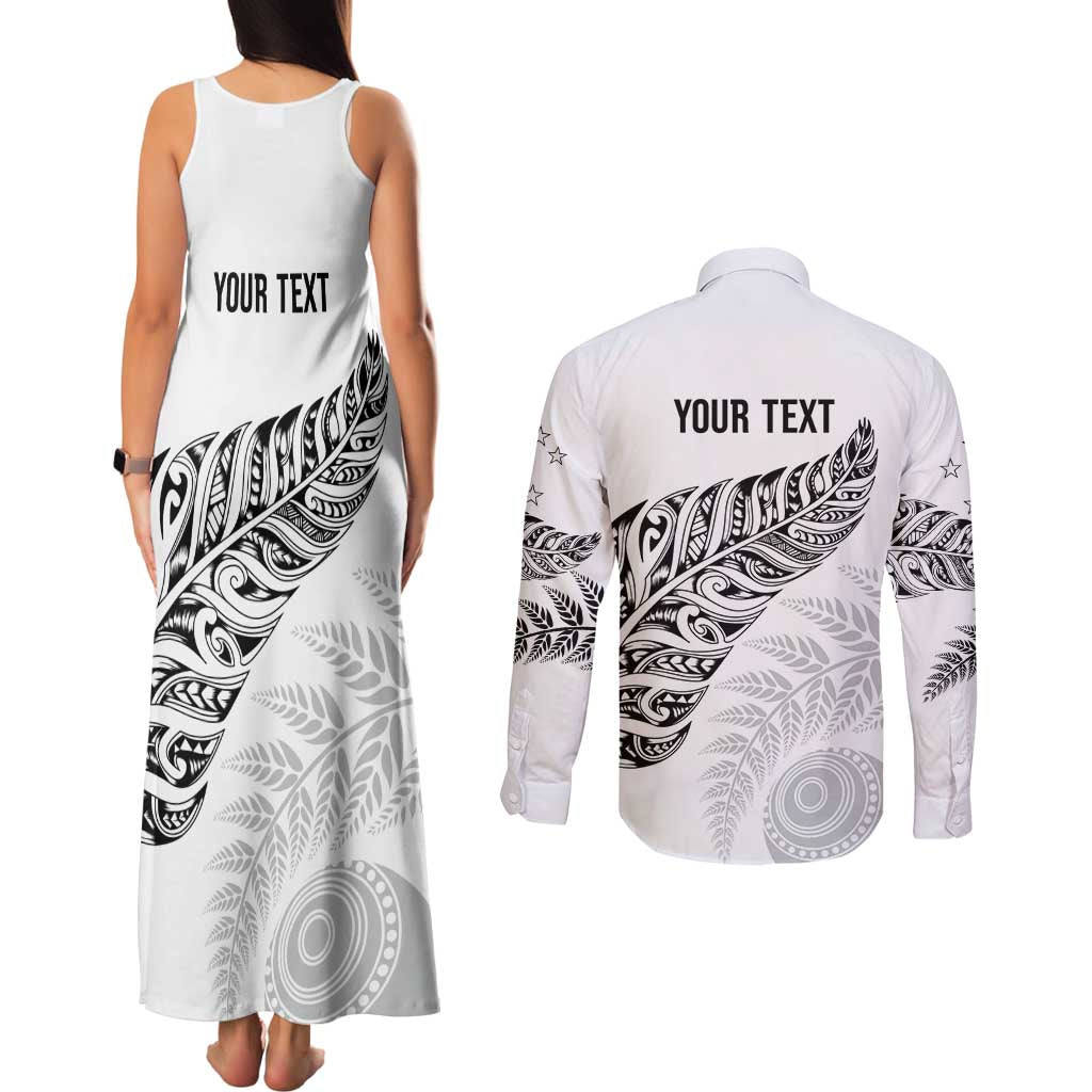 Aotearoa Personalized Lawn Bowls Maori Couples Matching Tank Maxi Dress and Long Sleeve Button Shirt New Zealand White Tribal Silver Fern - Polynesian Pride