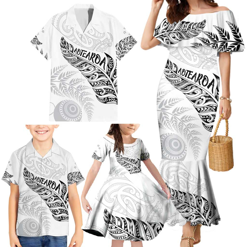 Aotearoa Personalized Lawn Bowls Maori Family Matching Mermaid Dress and Hawaiian Shirt New Zealand White Tribal Silver Fern - Polynesian Pride