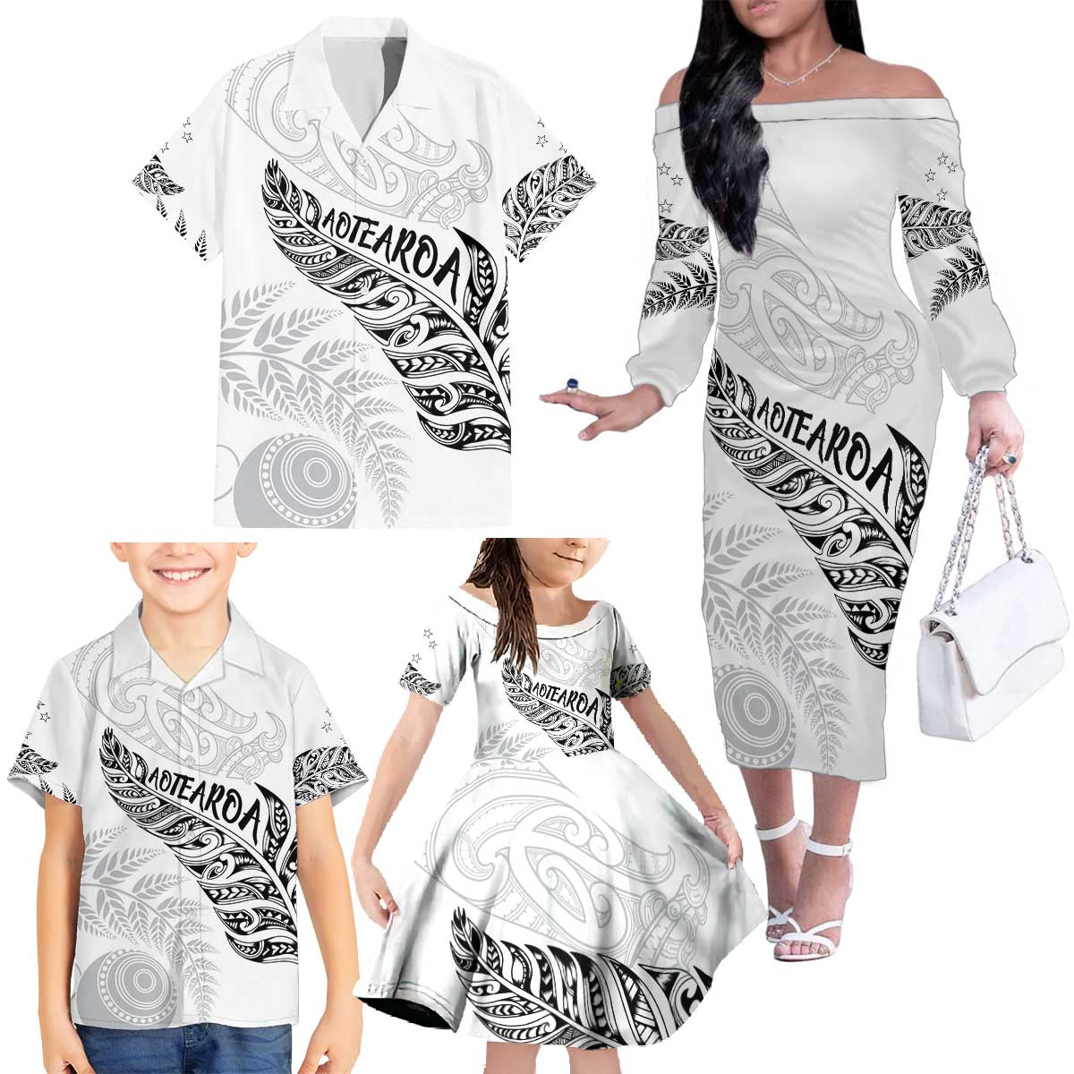 Aotearoa Personalized Lawn Bowls Maori Family Matching Off The Shoulder Long Sleeve Dress and Hawaiian Shirt New Zealand White Tribal Silver Fern - Polynesian Pride