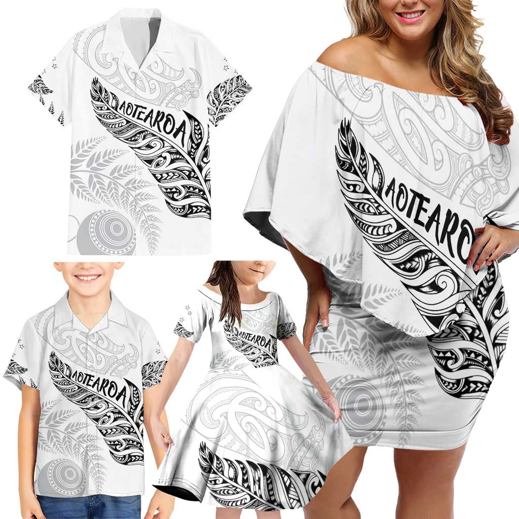 Aotearoa Personalized Lawn Bowls Maori Family Matching Off Shoulder Short Dress and Hawaiian Shirt New Zealand White Tribal Silver Fern - Polynesian Pride