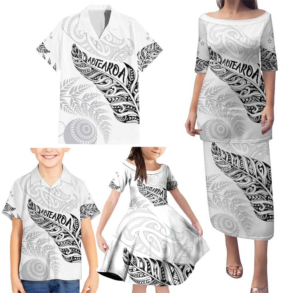 Aotearoa Personalized Lawn Bowls Maori Family Matching Puletasi and Hawaiian Shirt New Zealand White Tribal Silver Fern - Polynesian Pride